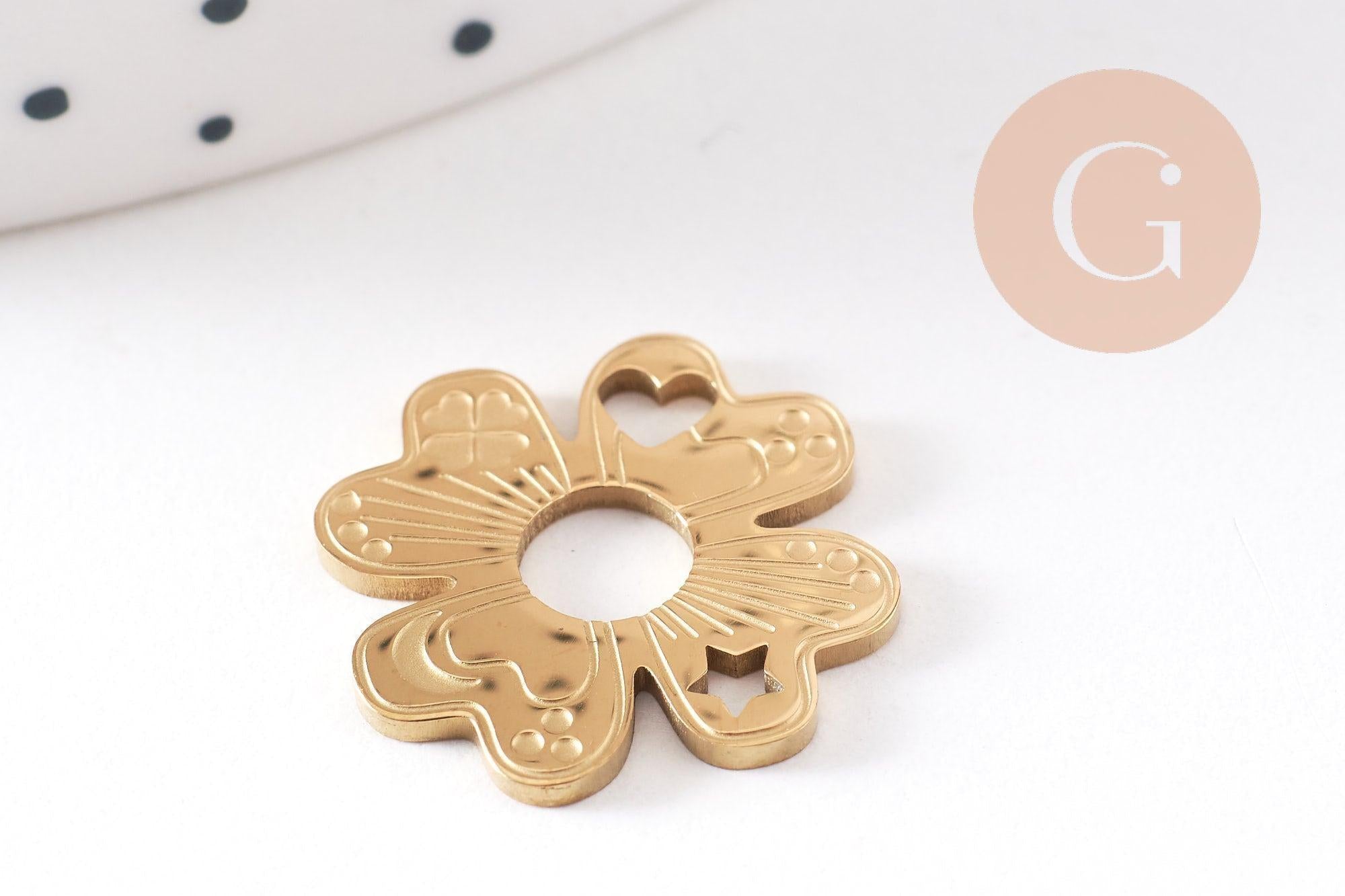 Pendentif trèfle 4 feuilles acier 316 inoxydable doré IP 17mm, x1 (G10507)