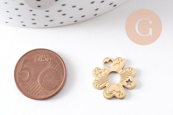 Pendentif trèfle 4 feuilles acier 316 inoxydable doré IP 17mm, x1 (G10507)