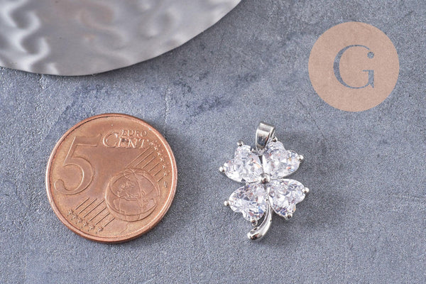 Pendentif trèfle 4 feuilles laiton platine zircons 17mm, x1 (G10403)