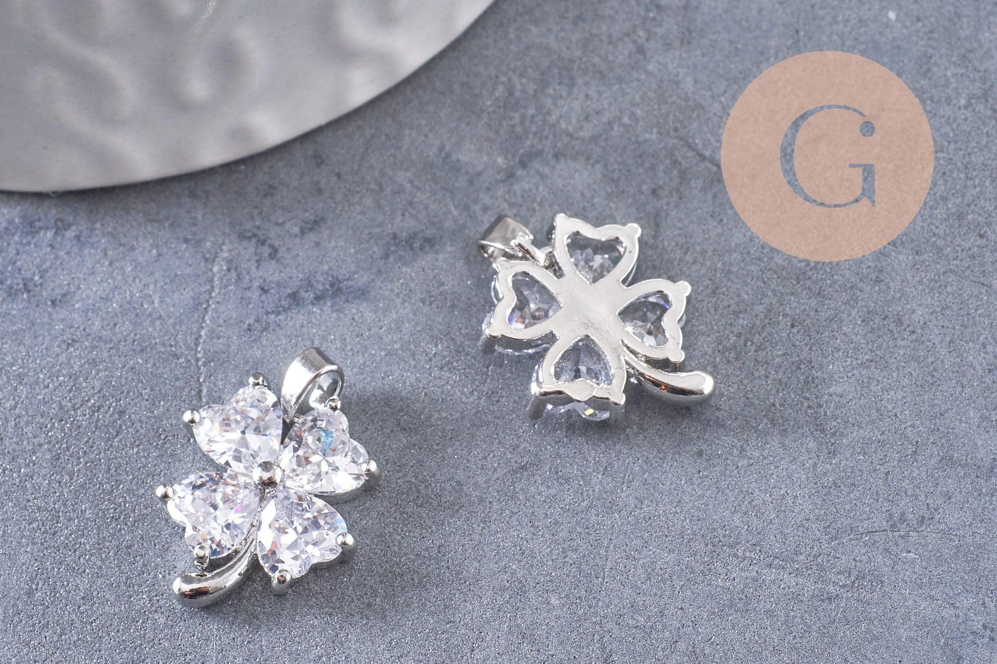 Pendentif trèfle 4 feuilles laiton platine zircons 17mm, x1 (G10403)