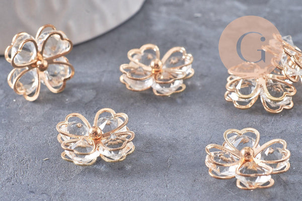 Pendentif trèfle 4 feuilles zamac doré zircons 18mm, x2 (G10415)