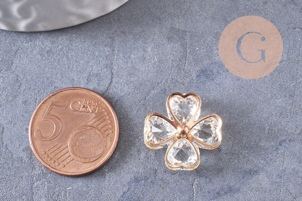 Pendentif trèfle 4 feuilles zamac doré zircons 18mm, x2 (G10415)