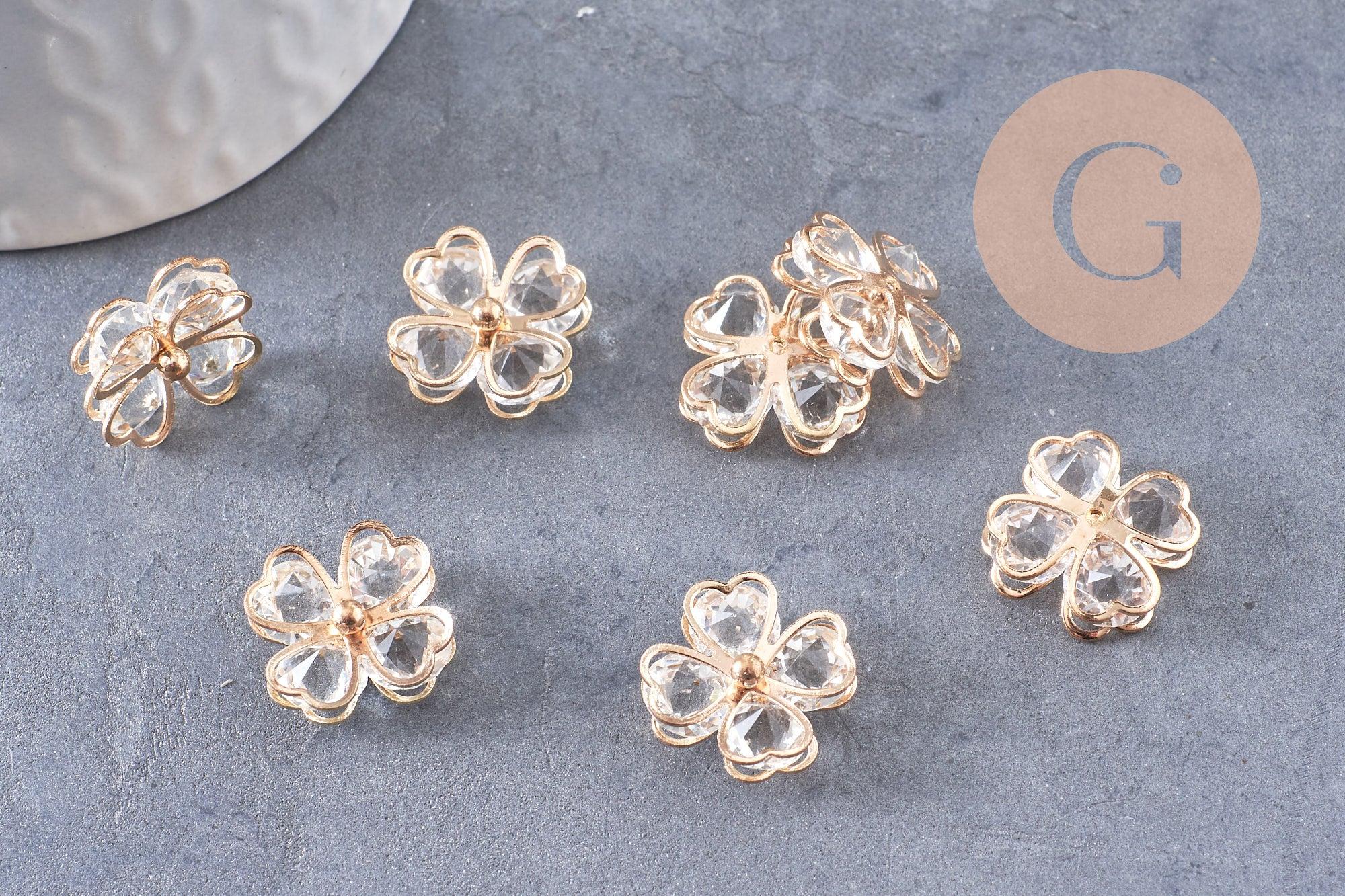 Pendentif trèfle 4 feuilles zamac doré zircons 18mm, x2 (G10415)
