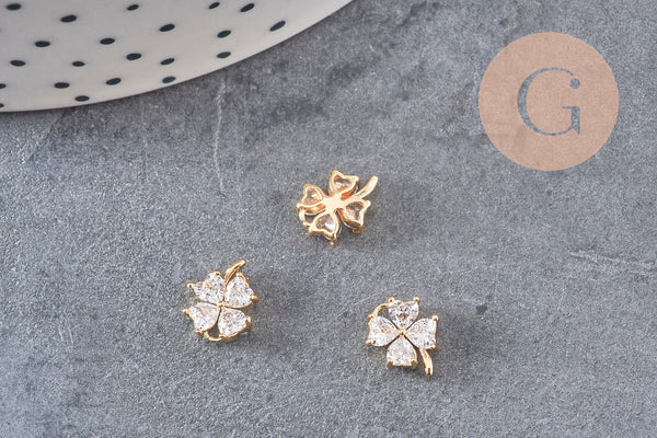 Pendentif trèfle quatre feuilles laiton doré 18K et zircons colorés,breloque laiton feuille, bijoux doré chance,9mm, x1 (G4460)