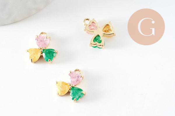 Pendentif trèfle trois feuille laiton doré 18K et zircons colorés,breloque laiton feuille, 14mm, x1 (G4457)