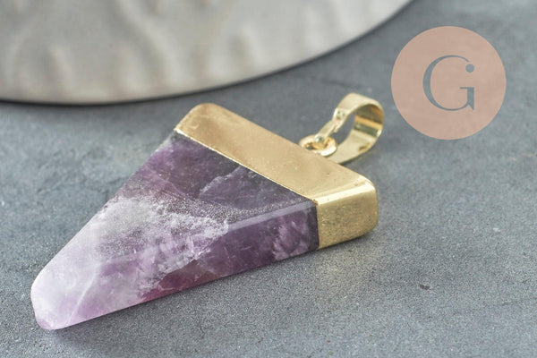 Pendentif triangle améthyste violette, fournitures créatives, pendentif pierre, support doré, création bijoux, pierre naturelle, 33mm, x1 (G1362)