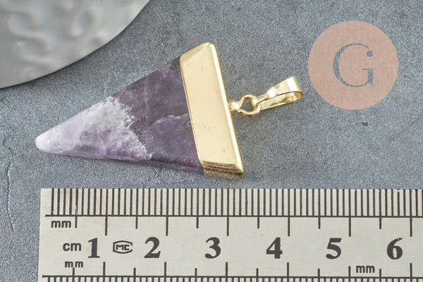 Pendentif triangle améthyste violette, fournitures créatives, pendentif pierre, support doré, création bijoux, pierre naturelle, 33mm, x1 (G1362)