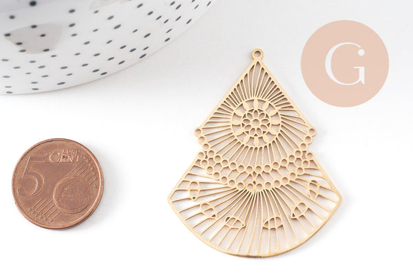 Pendentif triangle éventail acier inoxydable doré 49mm, x1 (G6124)
