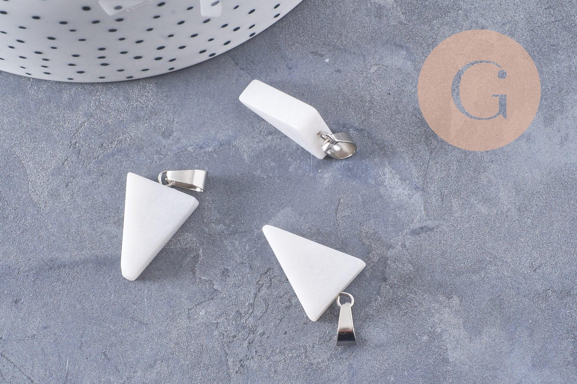 Pendentif triangle jade naturel blanc acier inoxydable platine 24mm, x1 (G10059)