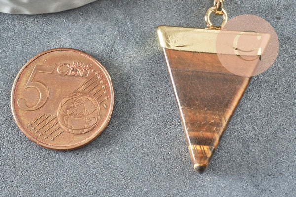 Pendentif triangle oeil de tigre naturel laiton doré 30-40mm, x1 (G5213)
