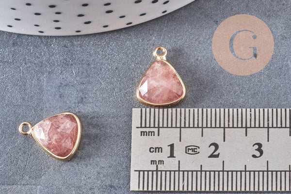 Pendentif triangle quartz fraise, pendentif pierre, support doré, création bijoux pierre naturelle, pierre naturelle, 19mm, x1, G5628