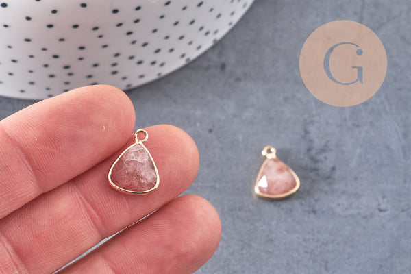 Pendentif triangle quartz fraise, pendentif pierre, support doré, création bijoux pierre naturelle, pierre naturelle, 19mm, x1, G5628