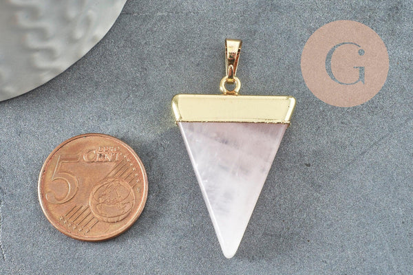 Pendentif triangle quartz rose,quartz naturel,pendentif pierre, support doré, création bijoux, pierre naturelle, 33mm, x1 (G2059)