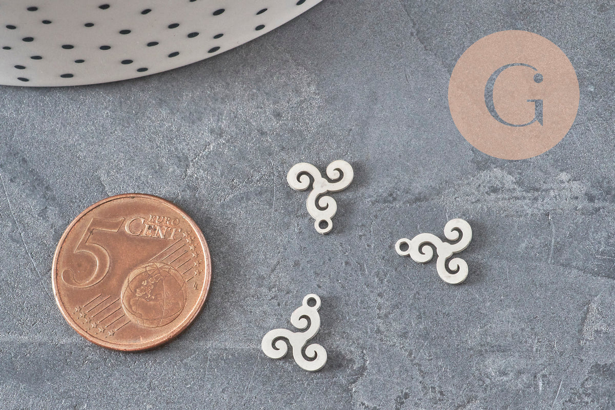 Pendentif triskel acier 304 inoxydable platine 10mm, x1 (G11377)-Breloques et pendentifs-Gingerlily Perles