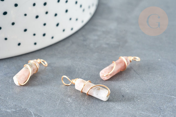 Pendentif tube Jade naturel marron support cuivre doré 20~21x5mm, pendentif pierre, x1 (G8335)