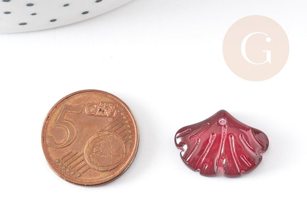 Pendentif verre fuchsia feuille gingko,pendentif verre pour création bijoux, 15x20mm, x10 (G4702)