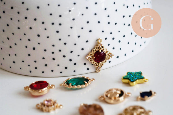 Pendentif verre pierre résine druzy zamac doré 10.5-26mm, x1 (G6415)