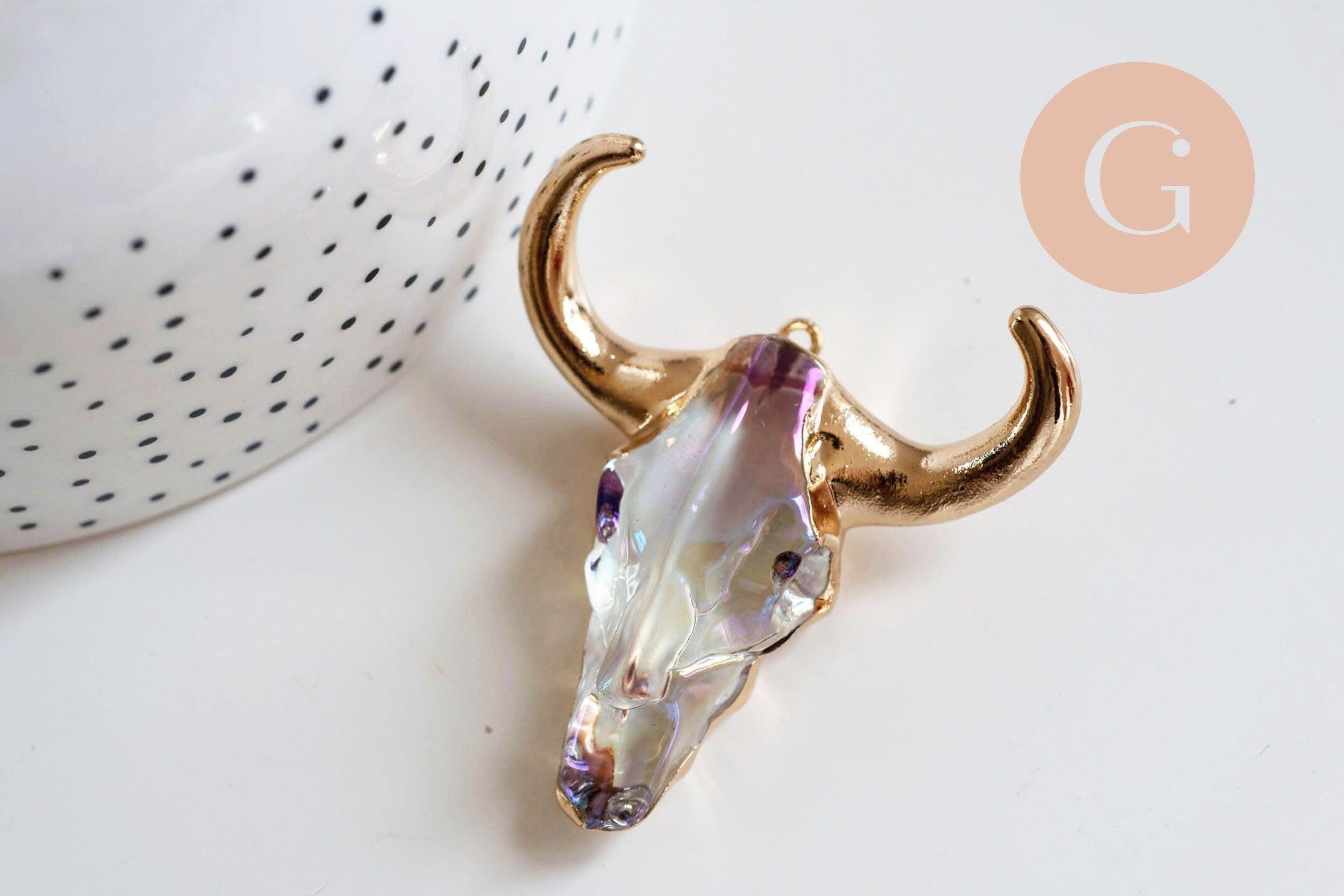 Pendentif verre tête de vache fer doré 40x60mm, x1 (G6384)