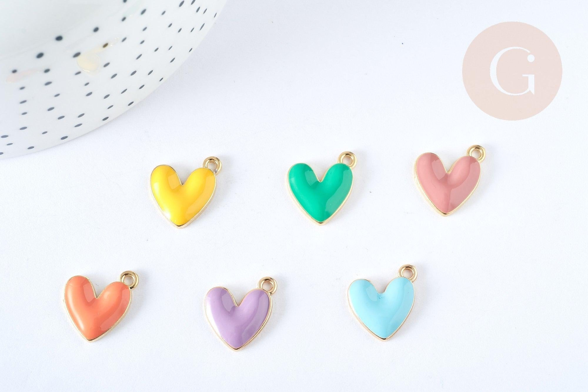 Pendentif zamac doré cœur émail couleur pastel 16mm, x5 (G7308)