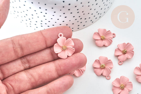 Pendentif zamac fleur rose 23,5mm, perles zamac,bijou fleur rose, x1 (G7758)