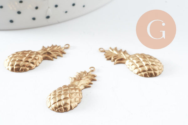 Pendentifs Ananas laiton brut 29mm, pendentif laiton brut, bijou tropical,sans nickel,tropical, x5 (G1609)