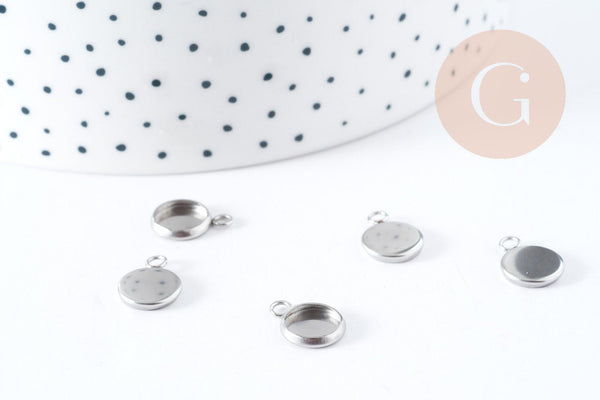 Pendentifs Supports cabochons ronds acier 304 inoxydable platine 8mm, x10 (G8941)