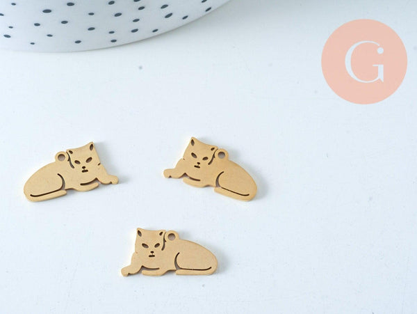 Pendentifs chat couché acier doré inoxydable 18mm, pendentif en forme de chat pour la création de bijoux acier doré, x1 (G6012)