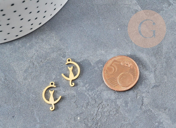 Pendentifs chat en acier 201 doré inoxydable 17.5mm, croissant de lune en forme de chat, création bijou acier doré x1 G4832