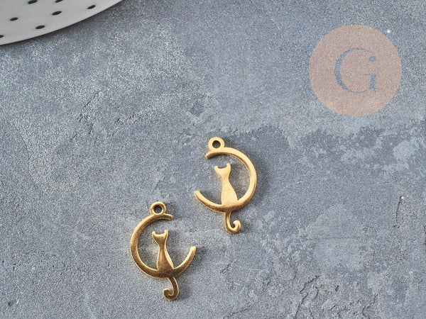 Pendentifs chat en acier 201 doré inoxydable 17.5mm, croissant de lune en forme de chat, création bijou acier doré x1 G4832