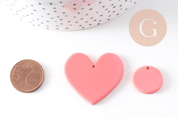 Pendentifs coeur polymère rose fuchsia 18-38mm, x2 (G10538)