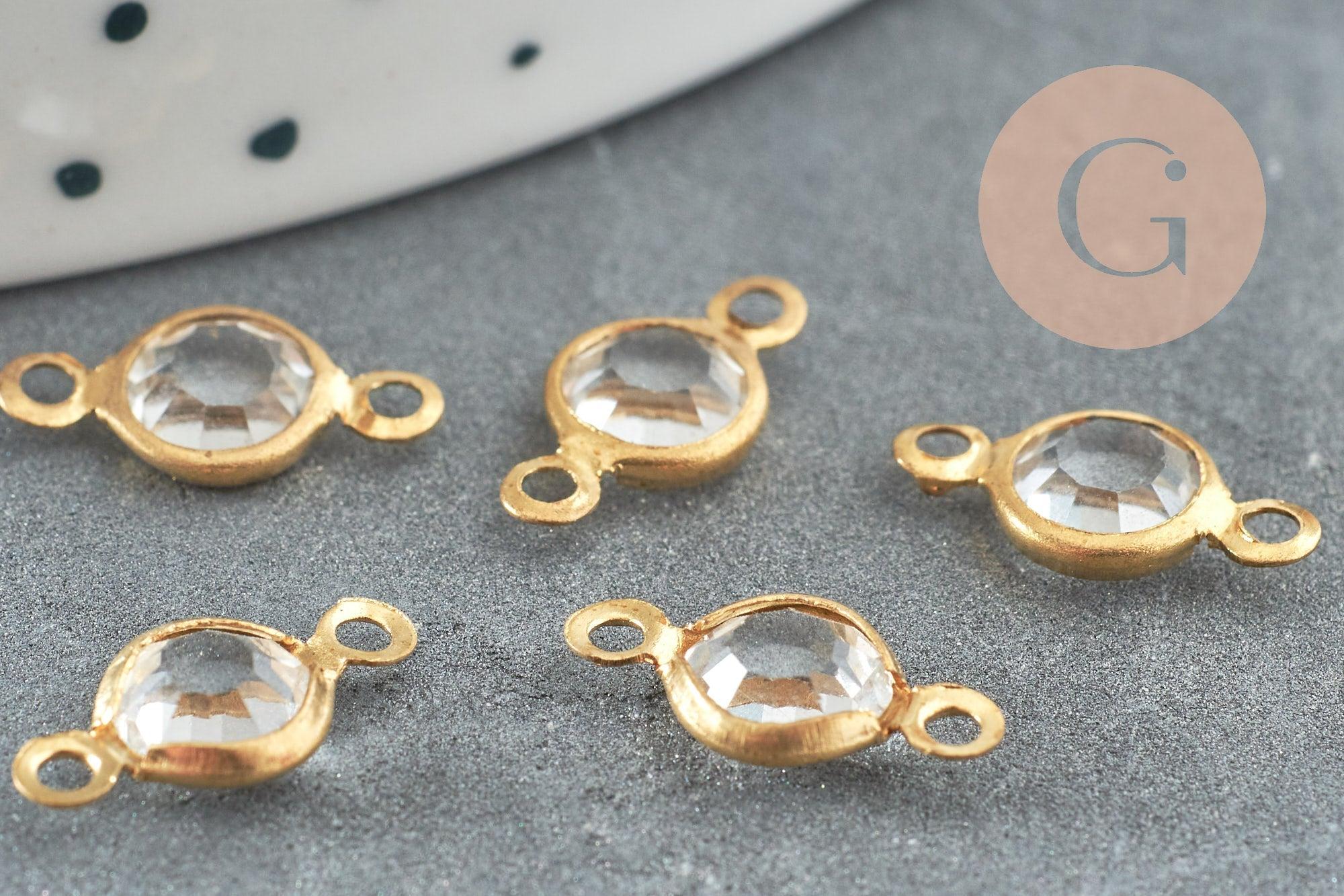 Pendentifs connecteurs ronds laiton brut Cristal transparent, connecteurs laiton, 6mm, x10 G0042