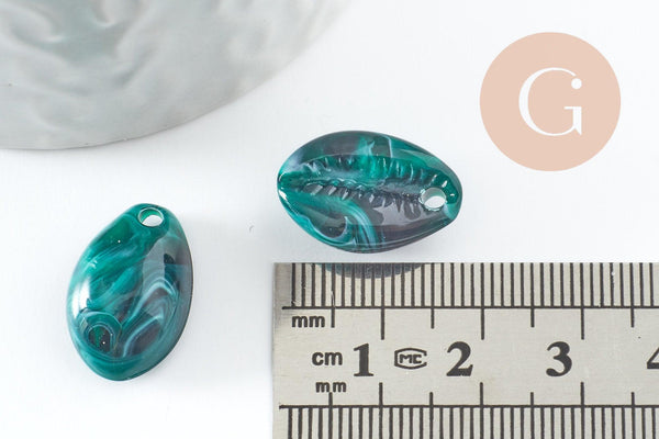 Pendentifs coquillage cauri vert marbré perle acrylique 19mm, x10 (G1228)