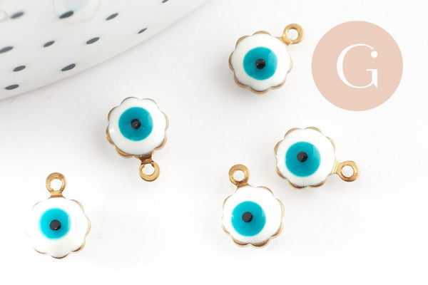 Pendentifs doré Fleur émail blanc, mauvais oeil, laiton doré, pendentif chance,création bijoux,9mm, x10 G0408