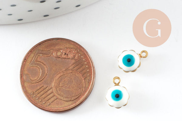 Pendentifs doré Fleur émail blanc, mauvais oeil, laiton doré, pendentif chance,création bijoux,9mm, x10 G0408