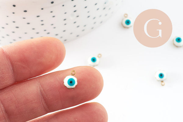 Pendentifs doré Fleur émail blanc, mauvais oeil, laiton doré, pendentif chance,création bijoux,9mm, x10 G0408