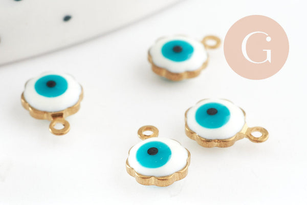 Pendentifs doré Fleur émail blanc, mauvais oeil, laiton doré, pendentif chance,création bijoux,9mm, x10 G0408
