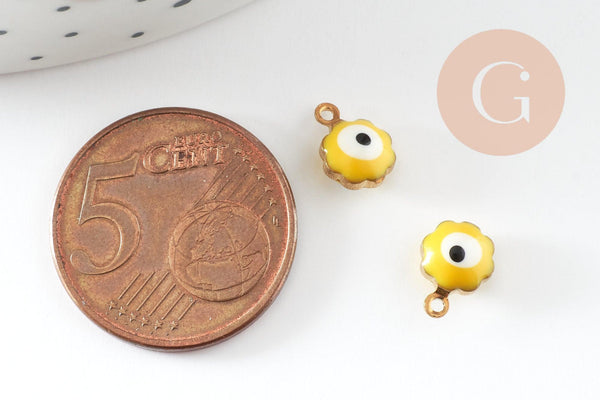 Pendentifs doré Fleur émail jaune, mauvais oeil, laiton doré, pendentif chance, 9mm, x10 G0305