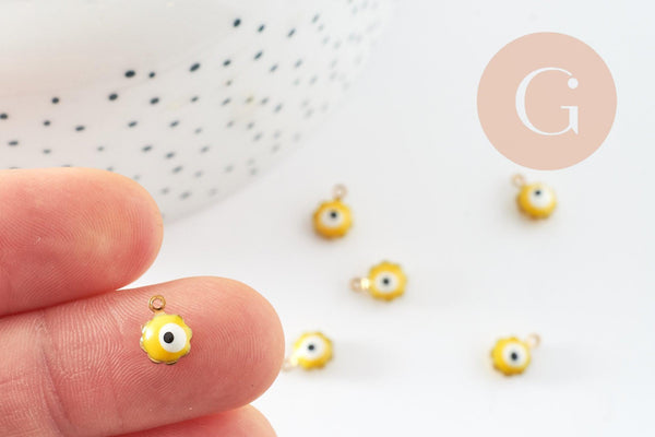 Pendentifs doré Fleur émail jaune, mauvais oeil, laiton doré, pendentif chance, 9mm, x10 G0305