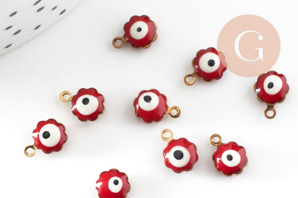 Pendentifs doré Fleur émail rouge, mauvais oeil, laiton doré, pendentif chance, 9mm, x10 G1576