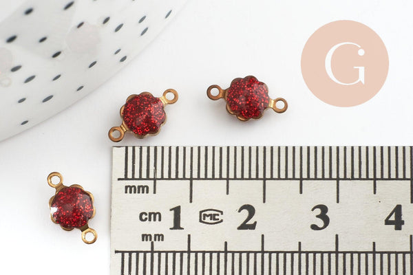 Pendentifs doré Fleur émail rouge paillettes pour création bijoux,9mm, x10 G4305