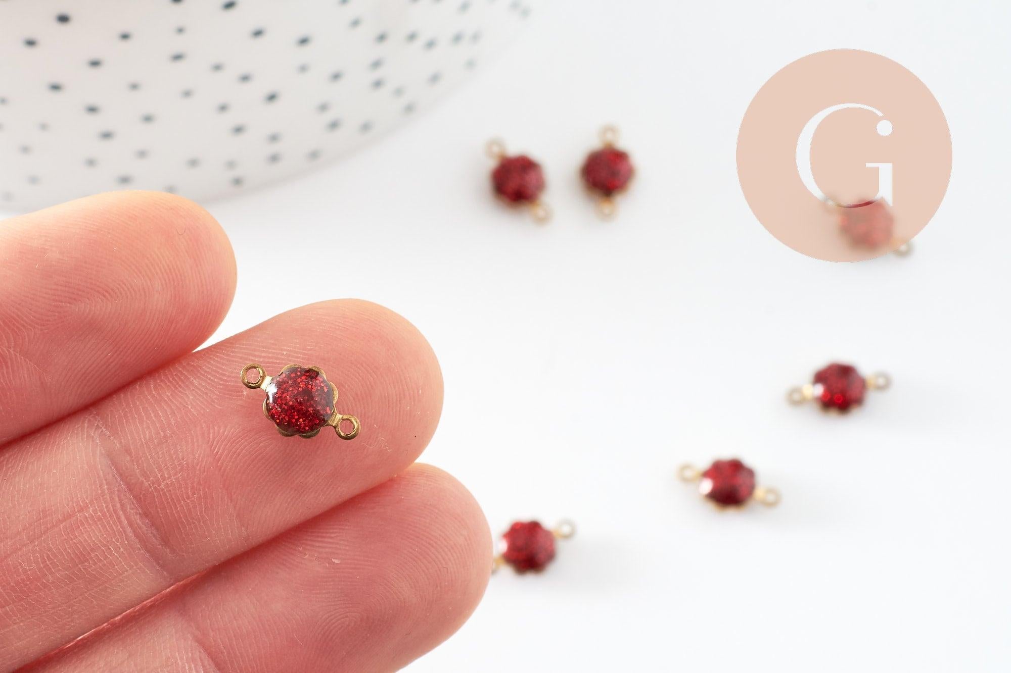 Pendentifs doré Fleur émail rouge paillettes pour création bijoux,9mm, x10 G4305