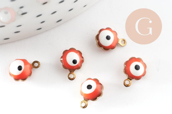 Pendentifs doré Fleur oeil protecteur émail orange 9mm, x10 (G0811)