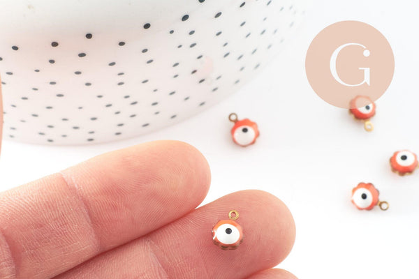 Pendentifs doré Fleur oeil protecteur émail orange 9mm, x10 (G0811)