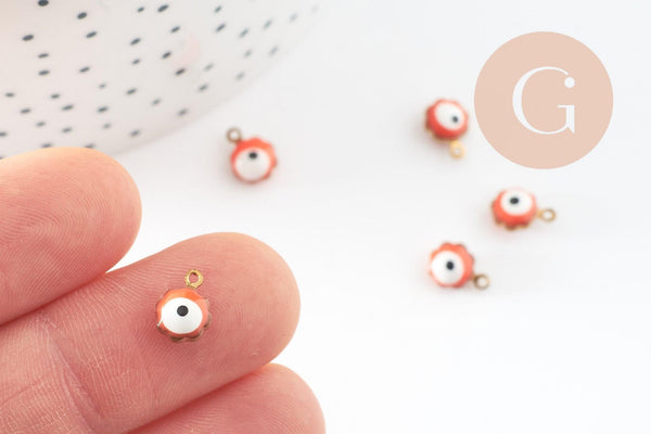 Pendentifs doré Fleur oeil protecteur émail orange 9mm, x10 (G0811)