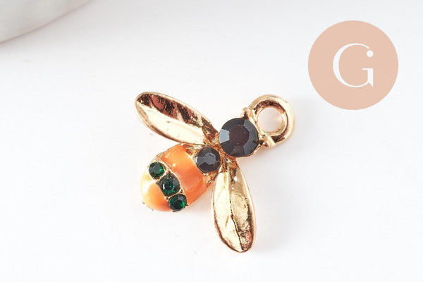 Pendentifs doré abeille émaillé pendentif insecte métal doré 15mm, x5 (G3182)