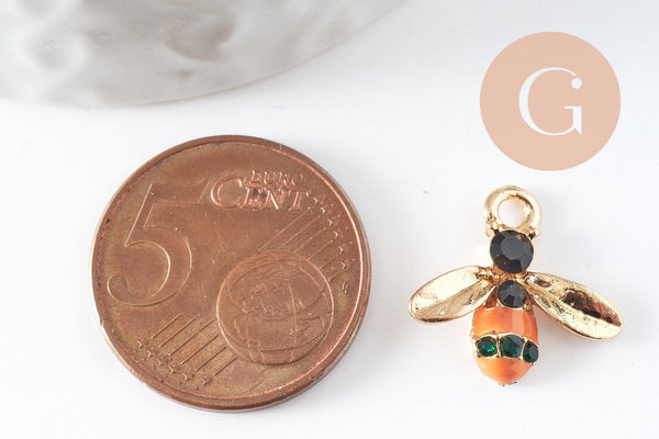 Pendentifs doré abeille émaillé pendentif insecte métal doré 15mm, x5 (G3182)