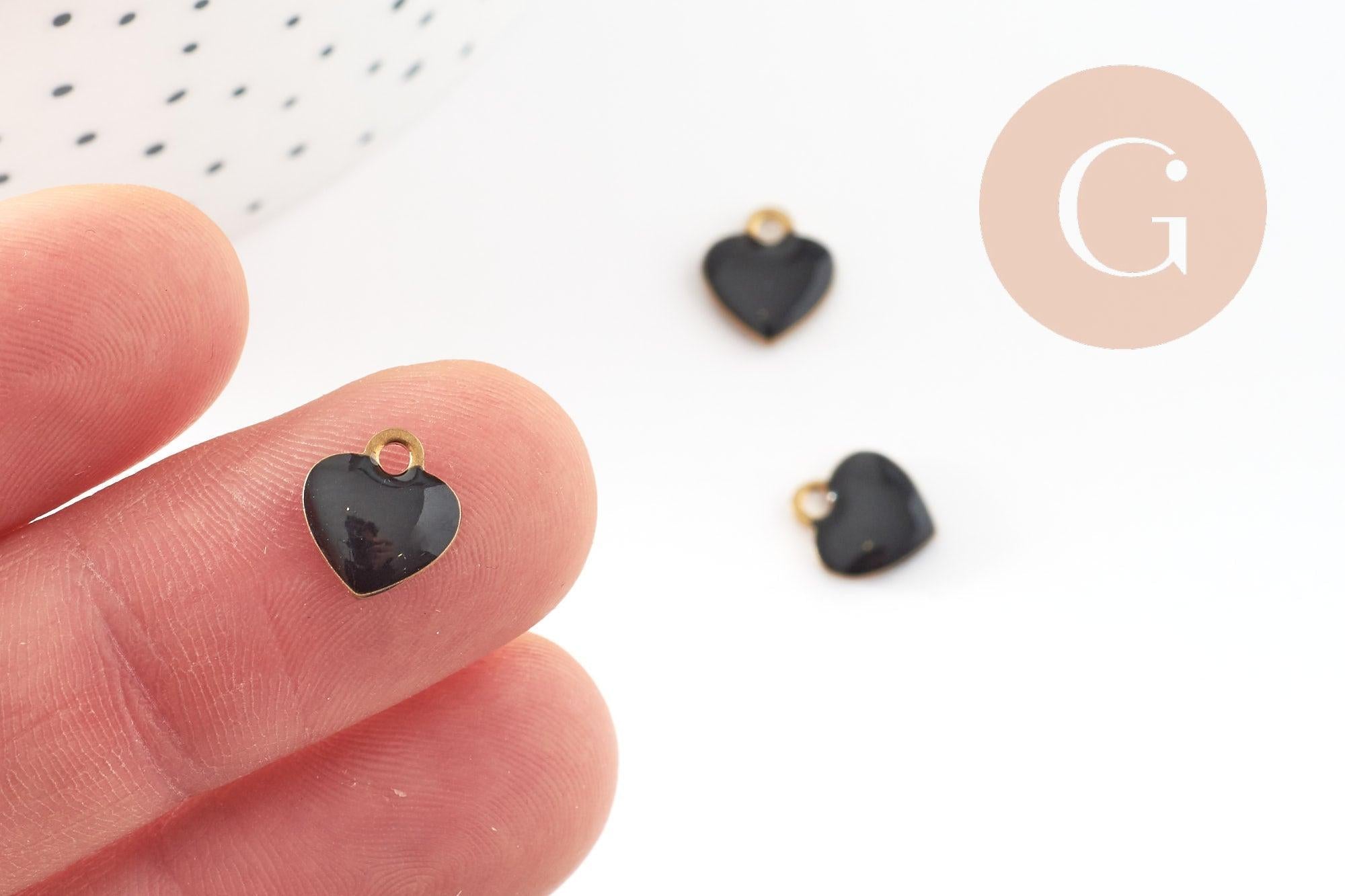 Pendentifs doré cœur émail noir, pendentif coeur, laiton brut, pendentif amour,10mm, x10 G3571