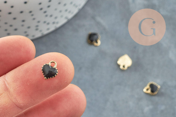 Pendentifs doré cœur émail noir, pendentif coeur, métal doré, pendentif amour, 8mm, x10 G1883