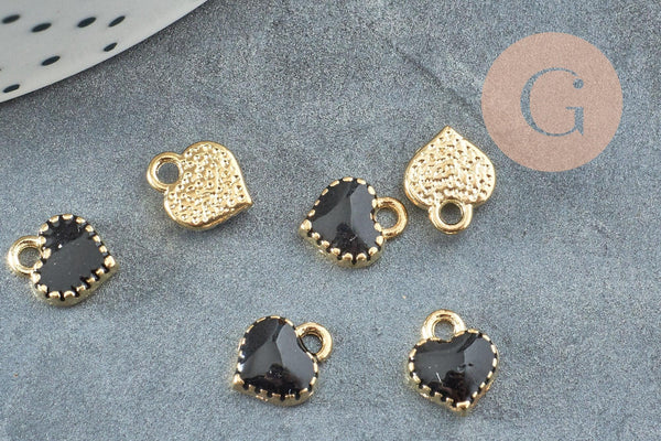 Pendentifs doré cœur émail noir, pendentif coeur, métal doré, pendentif amour, 8mm, x10 G1883