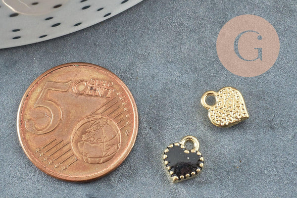 Pendentifs doré cœur émail noir, pendentif coeur, métal doré, pendentif amour, 8mm, x10 G1883
